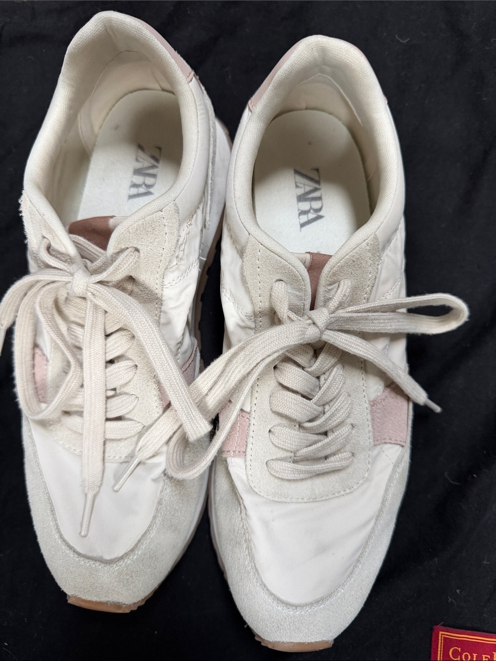 Zara Cream and Light Pink Suede-Trim Lace-Up Sneakers